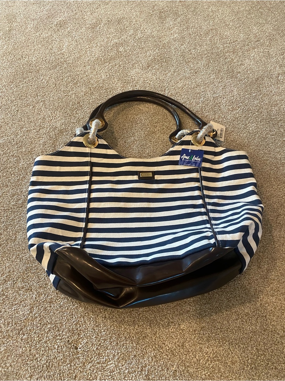 Striped Navy and White Canvas Tote with Brown Trim - Picture 3 of 8